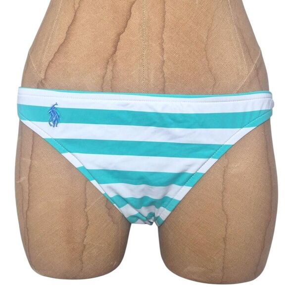 Polo Ralph Lauren Green and White Awning Striped Bikini Bottoms Size Medium - Picture 1 of 4